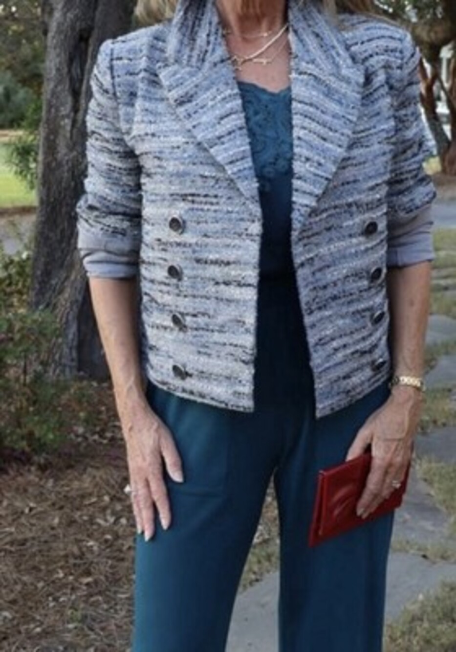 CAbi Radiance Jacket #4676 Fall 2024 Light Blue Wool Metallic Tweed Orig. $255 M